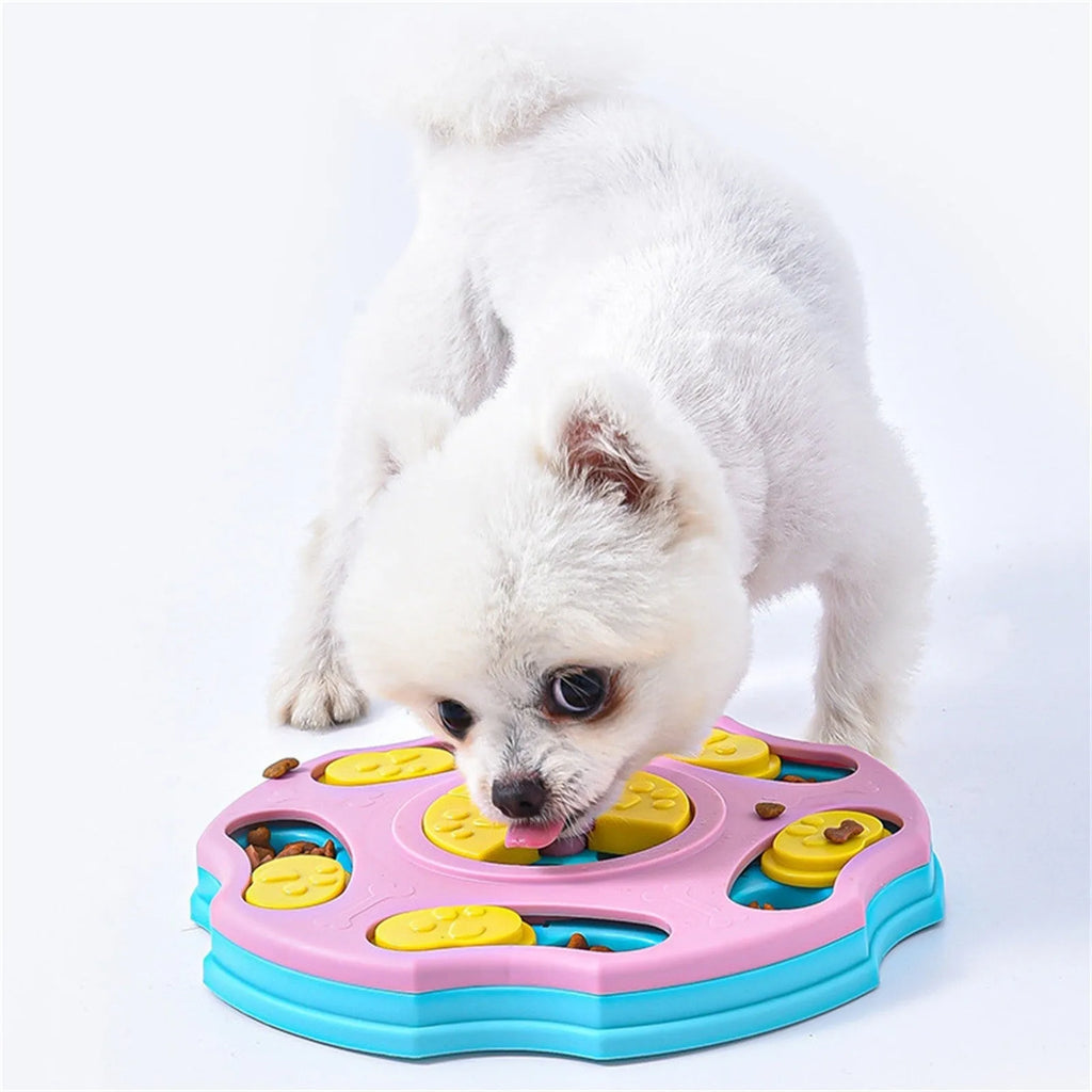 Blue dog puzzle feeder bowl with removable difficulty components for interactive slow feeding