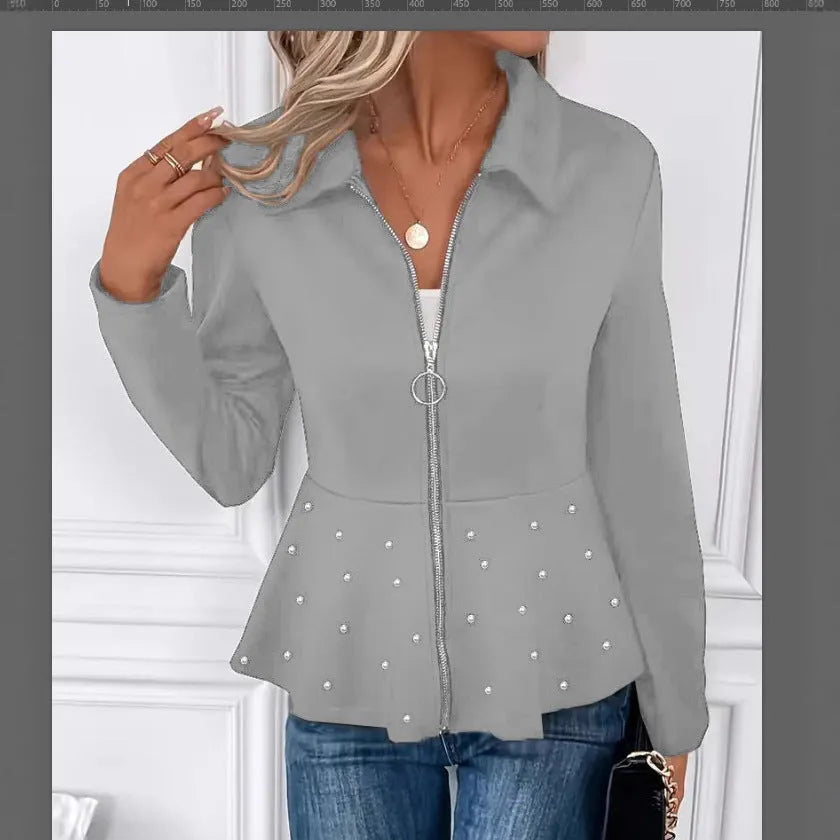 Women's loose fit coat with heavy-duty front zipper and ruffled hem in black, dark red or grey.