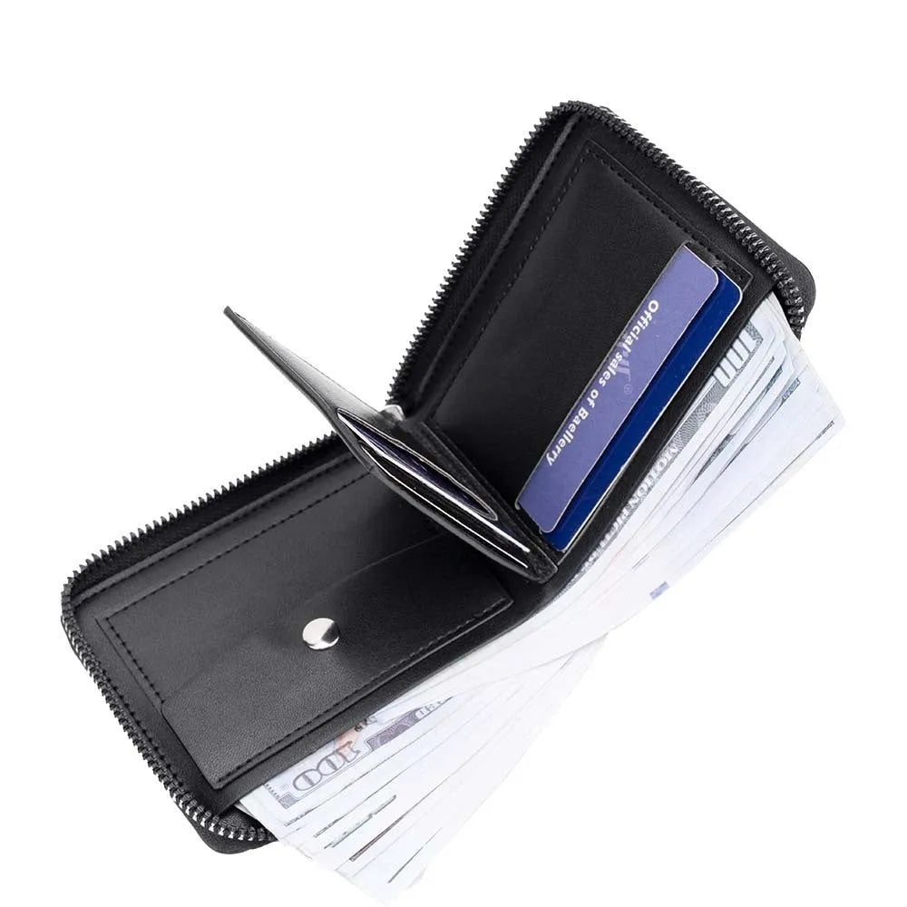 Black PU leather anti-theft zipper wallet with embossed pattern and credit card slots.