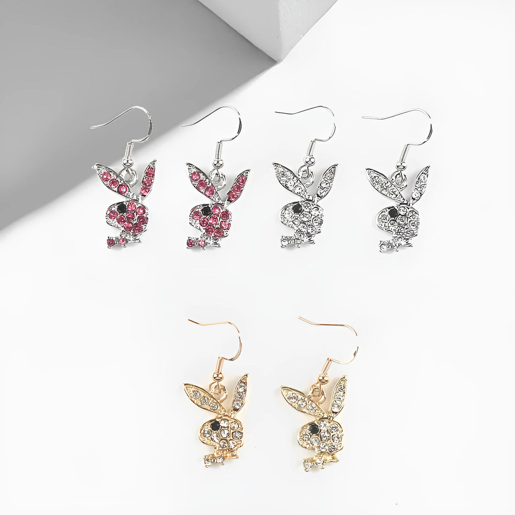 Cute rabbit-shaped stud earrings in silver, pink, and gold colour options.