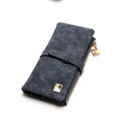 Vertical long Pu leather wallet with zip closure open to show card slots, note compartment, and phone pocket.