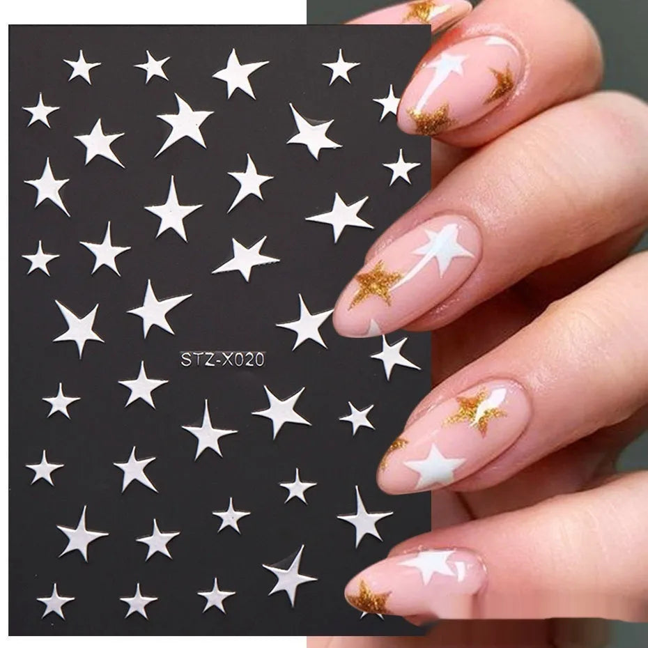 Cartoon love pattern nail art sticker decals in black and silver colours on a plastic sheet.
