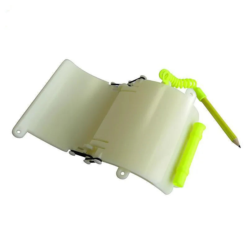 White luminous underwater writing wristboard for diving with pencil and o-ring.