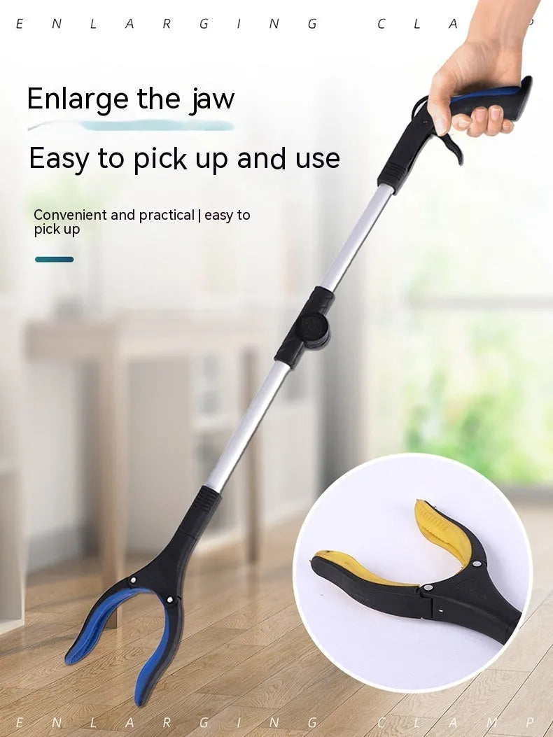Foldable aluminium garbage pick-up clamp shown extended and collapsed, with magnetic sucker and coloured handle options.