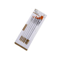 Set of six acrylic and watercolour paintbrushes with wooden handles on a white surface.