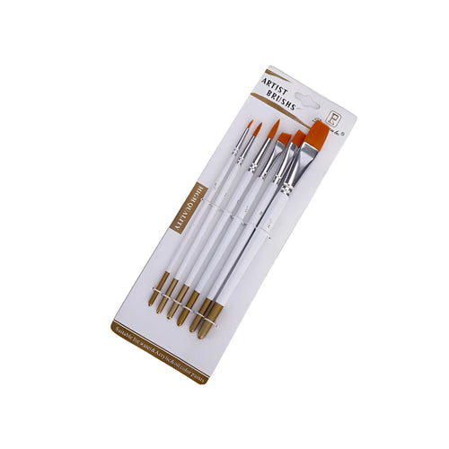 Set of six acrylic and watercolour paintbrushes with wooden handles on a white surface.