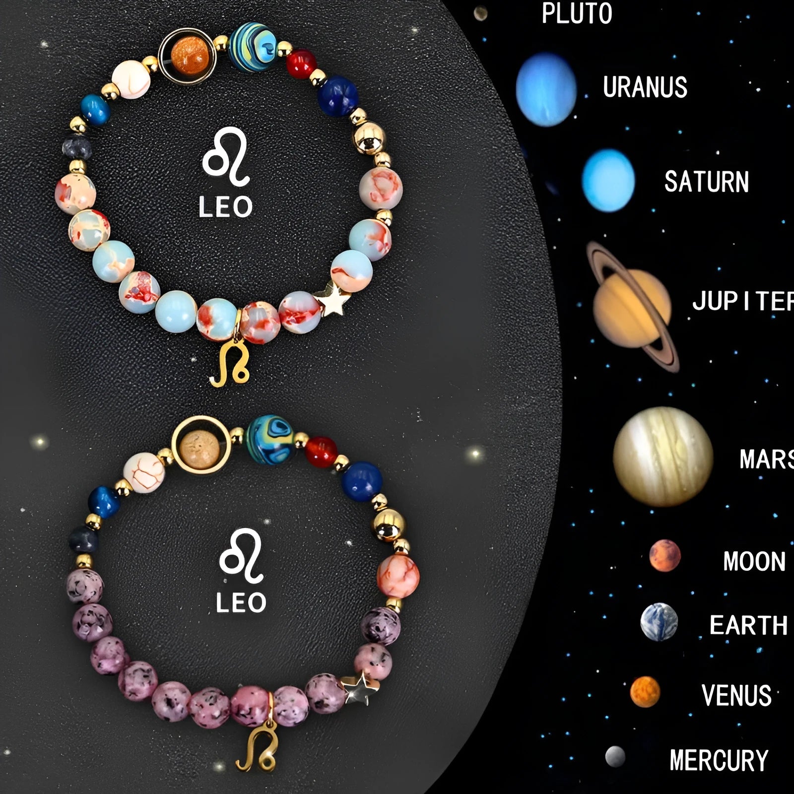 Two natural stone beaded bracelets showing different zodiac sign styles on a wrist.