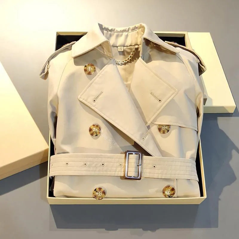 Khaki women's double-breasted trench coat with flight sleeves on a hanger.