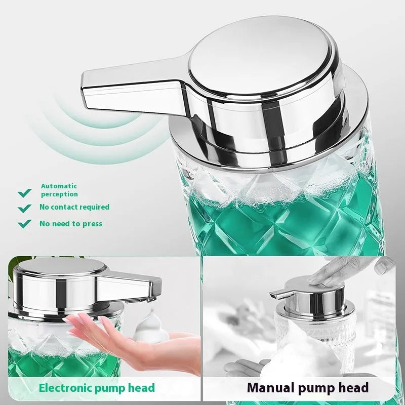 Silver automatic soap dispenser with sensor technology and USB Type-C charging port