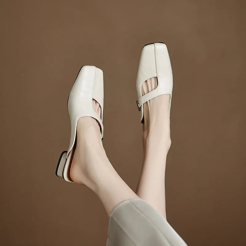 British style square toe outdoor slippers in black with artificial PU upper and rubber sole
