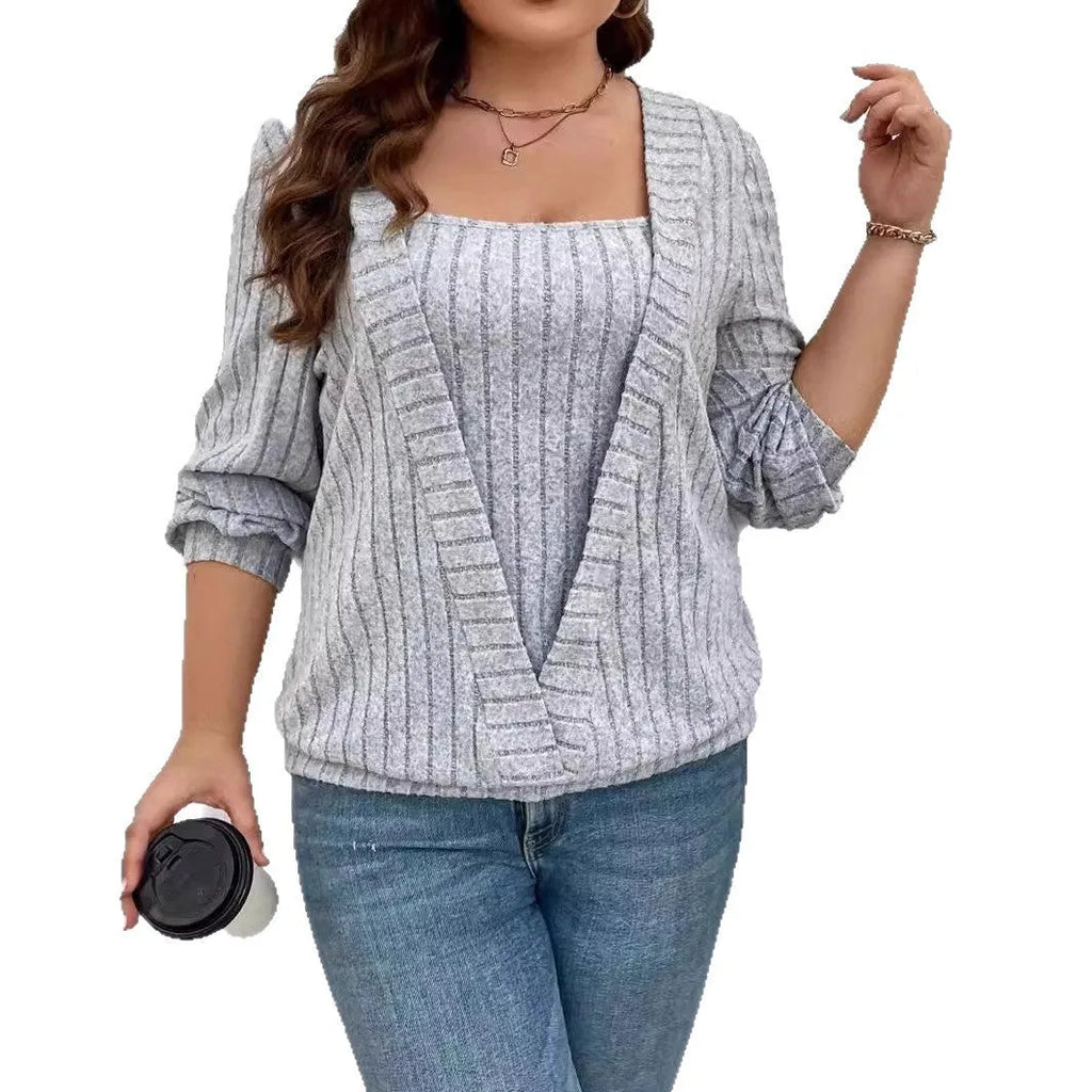 Women's solid color rib fabric V-neck long sleeve false two-piece top in black gray or purple loose fit
