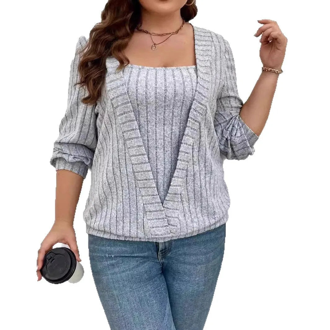 Women's solid color rib fabric V-neck long sleeve false two-piece top in black gray or purple loose fit