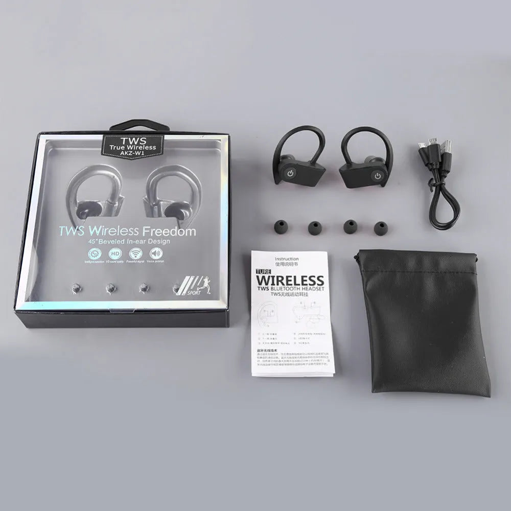 Black wireless Bluetooth earphones with ergonomic design shown with a charging case.