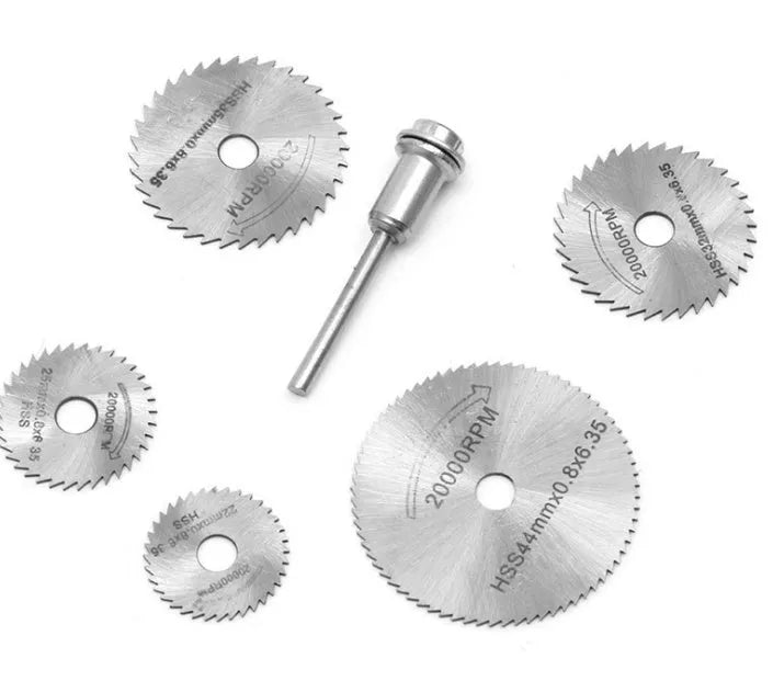 Six high-speed steel circular saw blades with diameters from 10mm to 25mm for woodworking