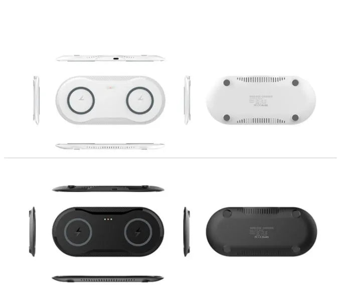 Black and white dual wireless charger charging Samsung and iPhone phones simultaneously