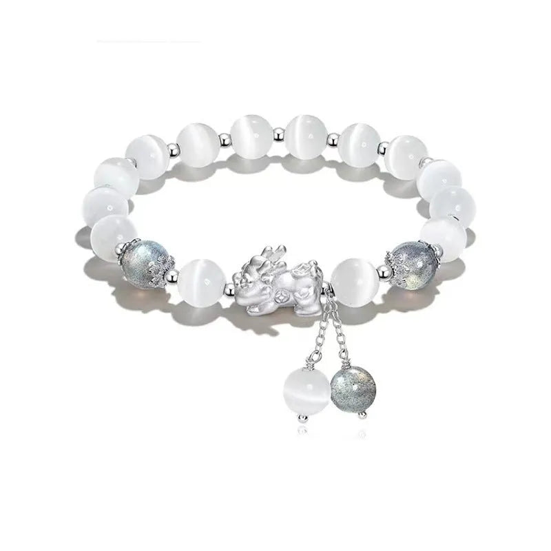 Natural black agate and moonstone couple bracelet with 10mm wave beads in national style