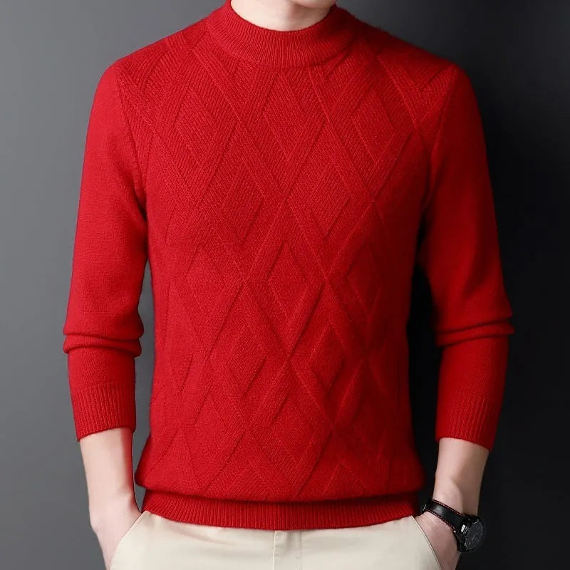 Men's thicken thermal wool blend pullover sweater with diamond jacquard pattern in light camel colour.
