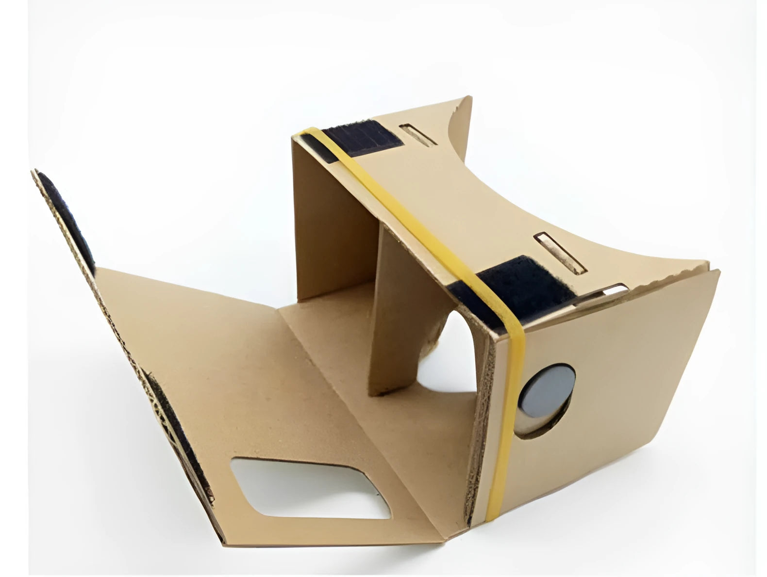 Pink and white foldable cardboard VR glasses headset for smartphones, showing 3D lenses and rubber head strap.