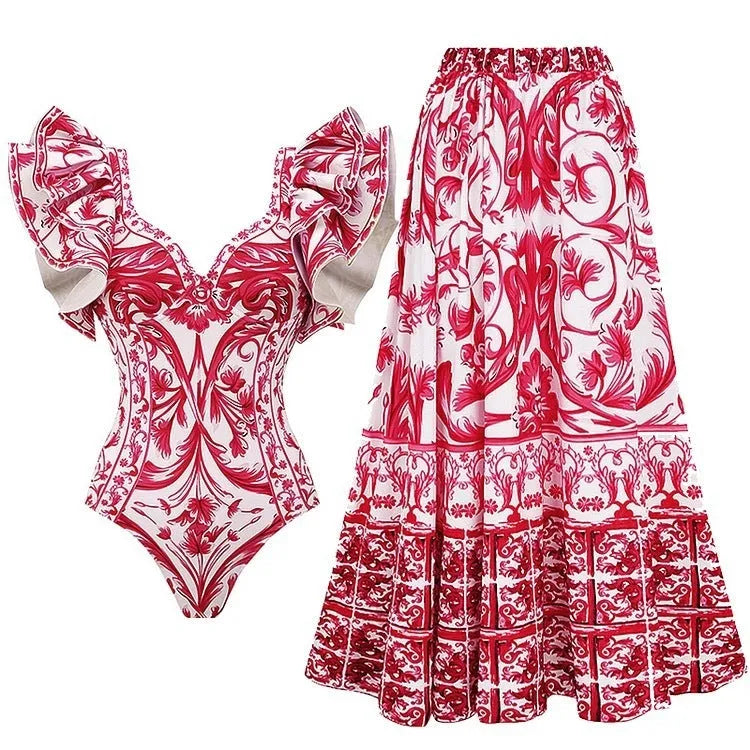 Women's printed one-piece swimsuit in a blue skirt design, made from polyester fabric.
