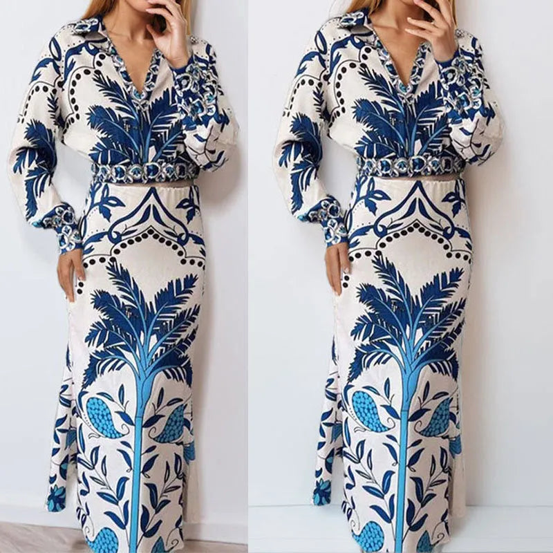 Women's long sleeve top and long skirt two-piece co-ord set in a solid colour.