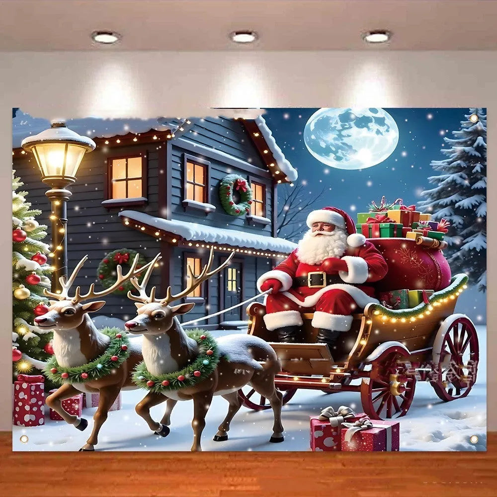 Red Christmas banner with Santa Claus and gifts at night, measuring 210 cm wide by 150 cm high.