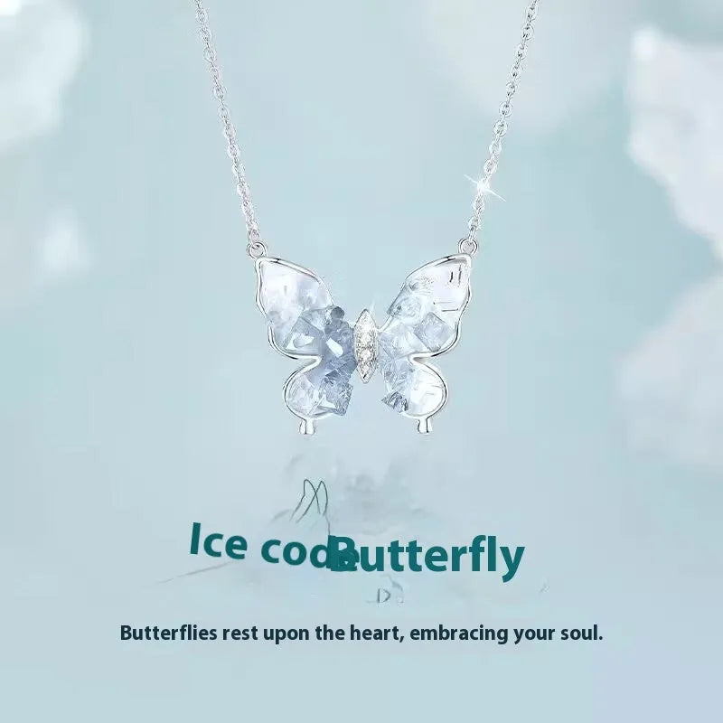 Women's adjustable 925 silver butterfly necklace with 41-50 cm chain and ice rain pendant