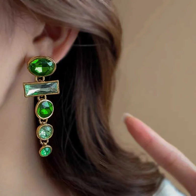 Geometric green gradient alloy earrings with zircon inlays and decorative tassels