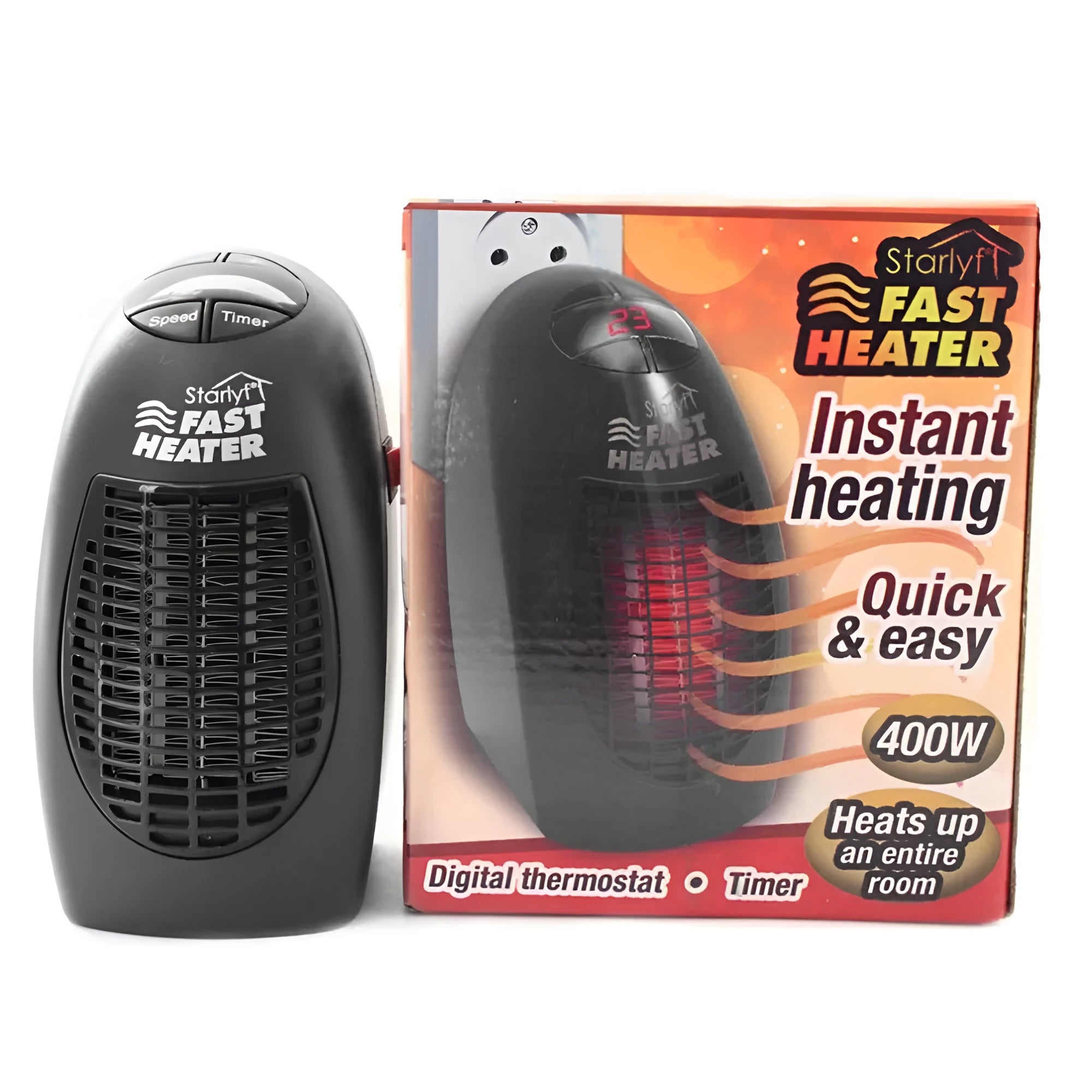 Black mini ceramic electric heater with digital display and a rotating three-prong plug on a desk.