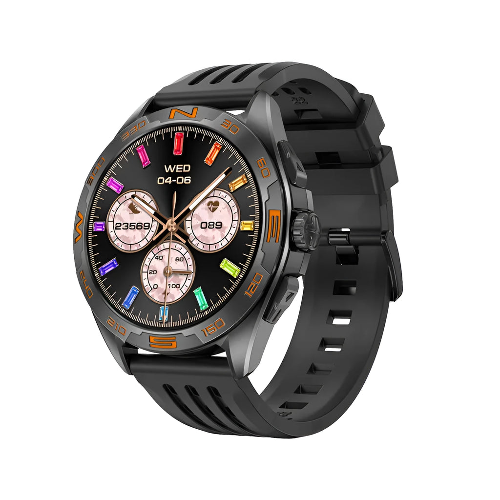 Men's smart watch displaying health metrics on screen, shown in black steel and silver colour variants.