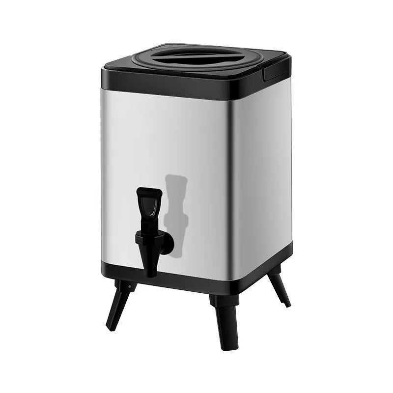 Silver 8L stainless steel milk tea bucket with square lock lid for commercial cold drink insulation