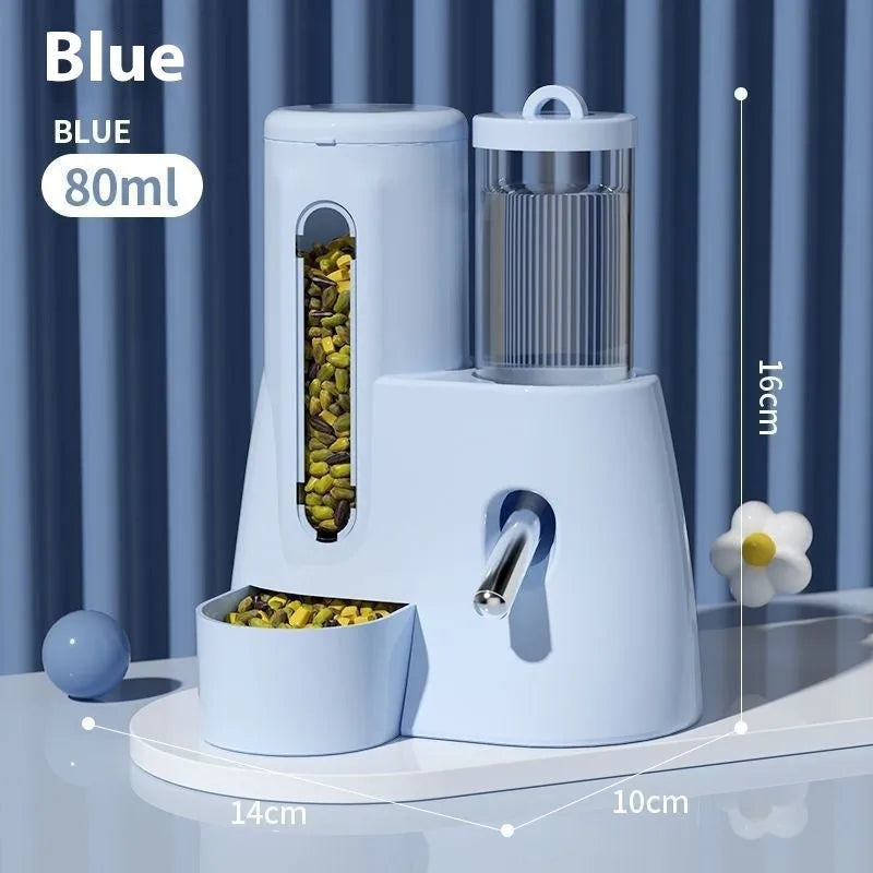 White automatic water bottle holder with attached food basin for a hamster cage.