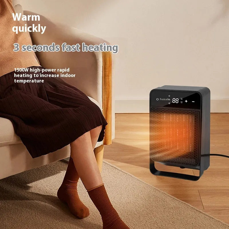 Black desktop warm air blower with digital touch screen display and remote control on wooden desk