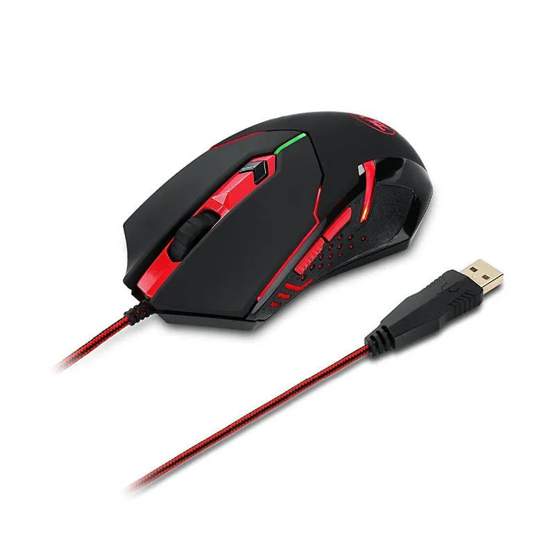 Black and red USB wired gaming mouse with ergonomic shape on a mouse mat.