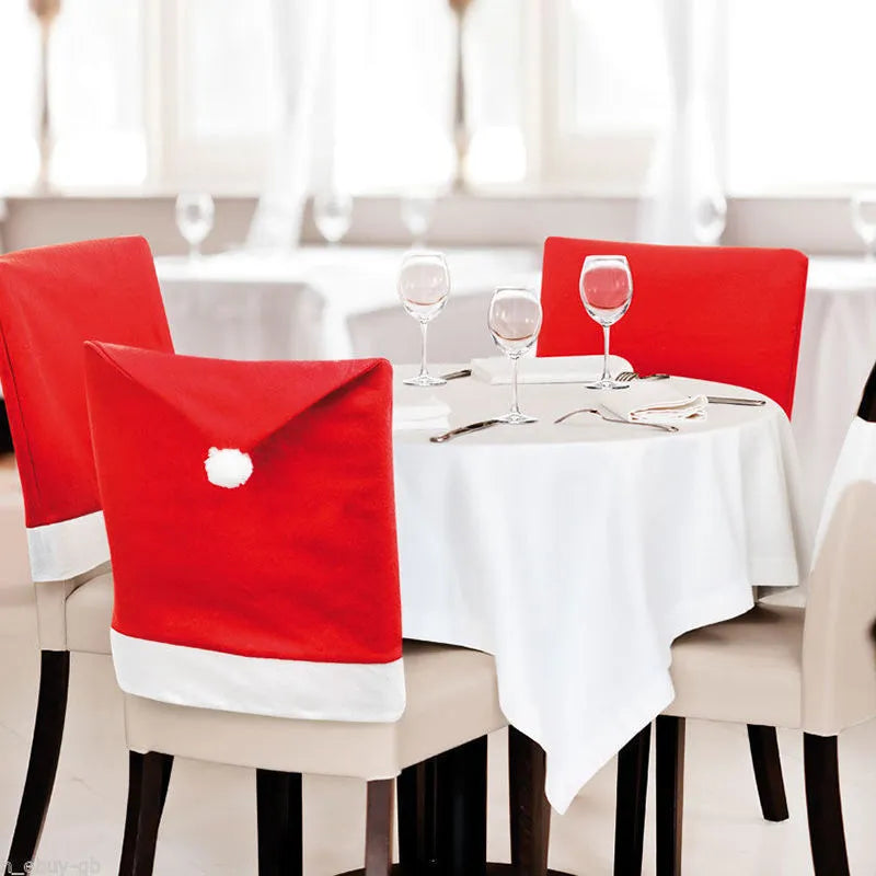 Christmas chair covers set featuring Santa Claus, Snowman and Santa hat designs for holiday dining chair decoration