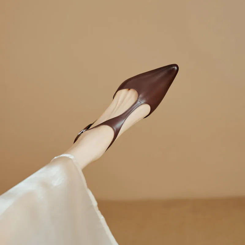 Brown and black ladies' high heels with pointed toe and cowhide leather upper in vintage European style