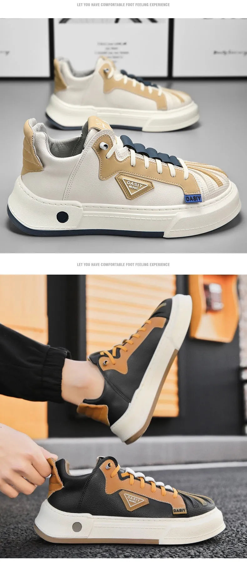 Men's beige low-top sneakers with elastic band and round toe.
