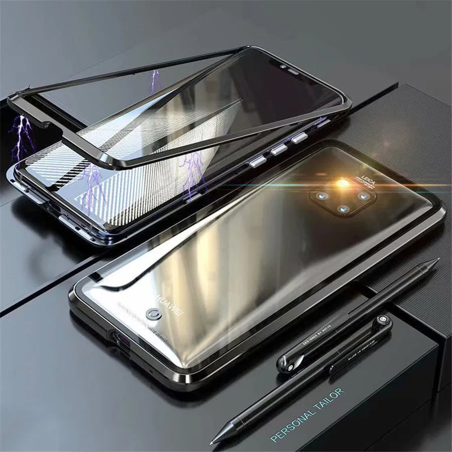 Metal magnetic phone case with tempered glass back for Huawei and Honor smartphones