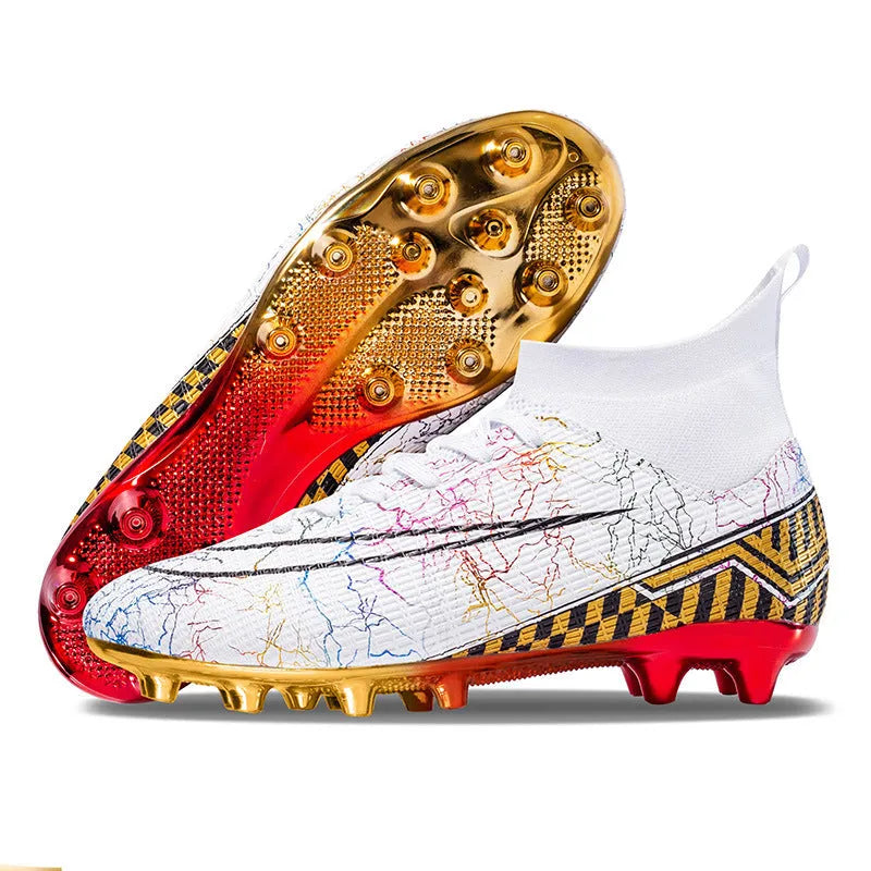 High-top soccer training shoes with gold plated bottom detail in synthetic leather and mesh construction
