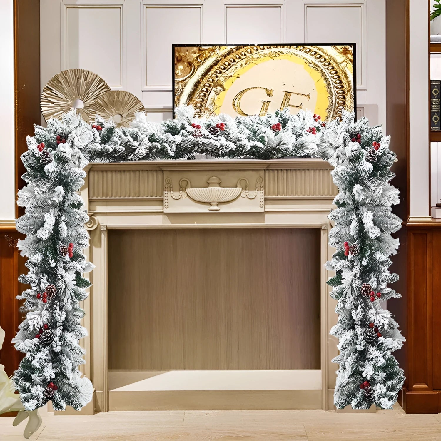 White flocked snow rattan-style PVC Christmas garland in three lengths.
