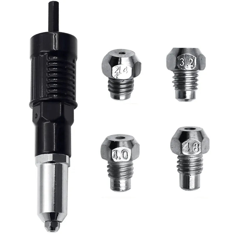 Black metal electric drill rivet gun with alloy steel head, 173mm long, for aluminium and automotive riveting