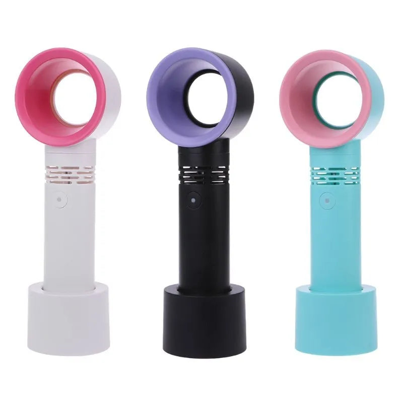 Compact portable bladeless fan on its base, shown in blue, with a USB cable for charging.