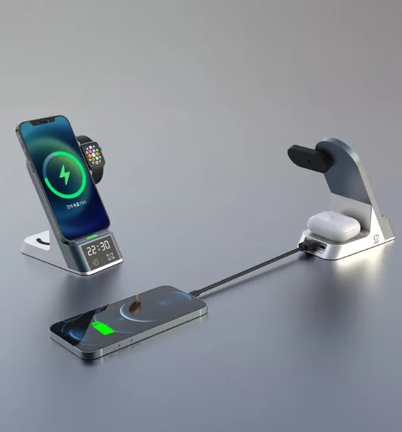 Black multifunctional wireless charging alarm clock with phone, watch, and earphone charging pads