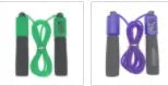 A fitness skipping rope with sponge handles, showing the 3m length and available in black, blue, green, and red colours.