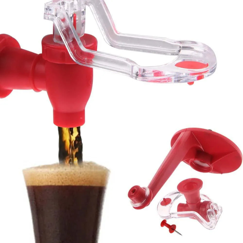 Red plastic Magic Tap soda bottle dispenser attached to a 2-litre bottle.