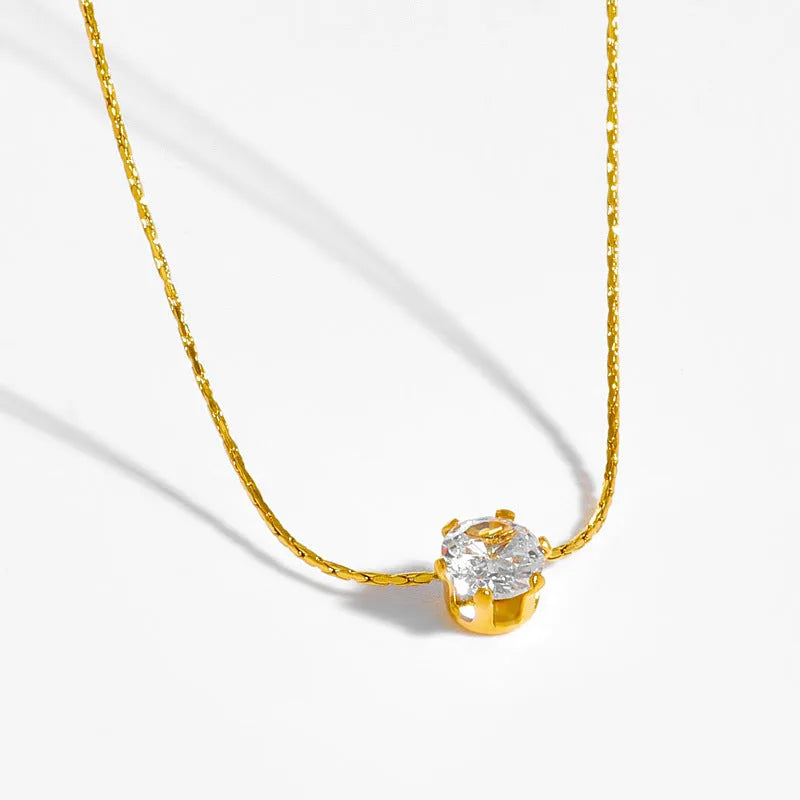 Gold titanium steel necklace with six-claw round zircon pendant, mixed gemstone inlay and bamboo chain