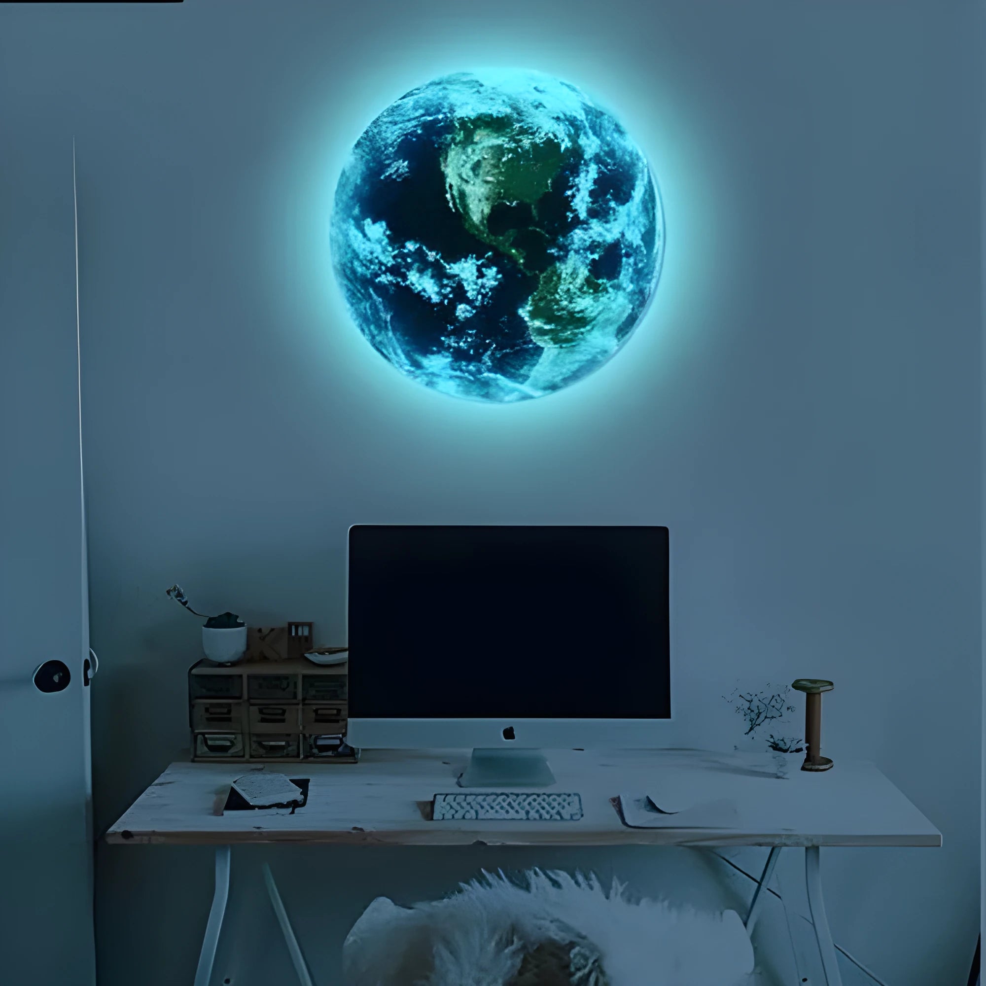 Glow in the dark 3D Earth wall sticker showing luminous planet design in three available sizes