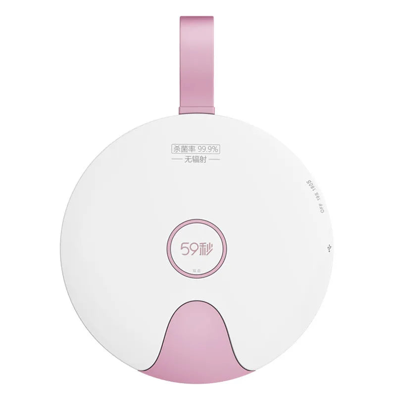 A slim, portable UV baby bottle steriliser in blue, showing its compact size and USB charging port.