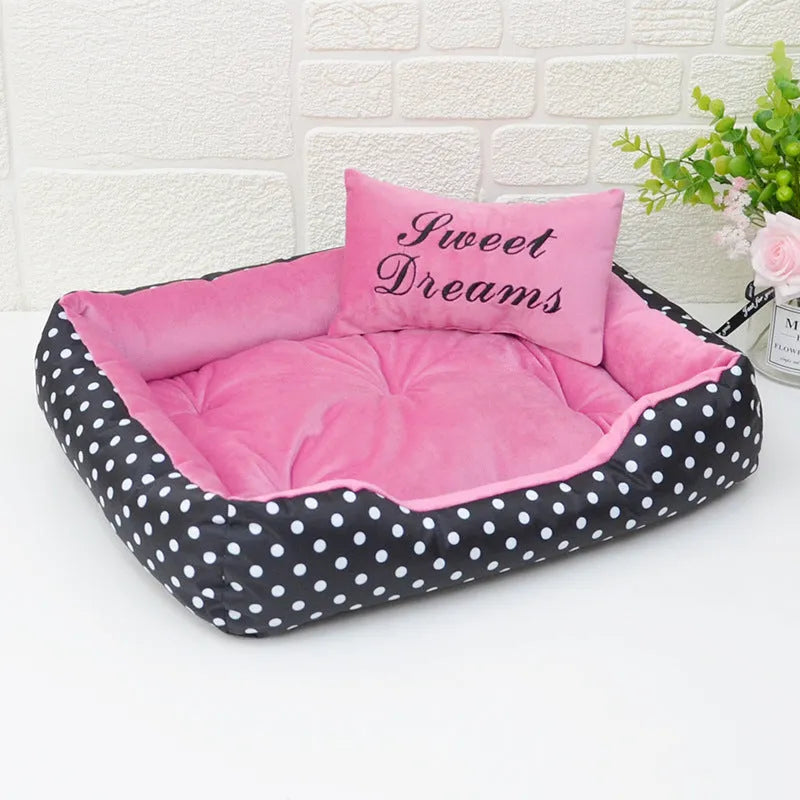 Polka dot printed square dog bed with matching embroidered pillow in grey, blue, pink, or rose red.