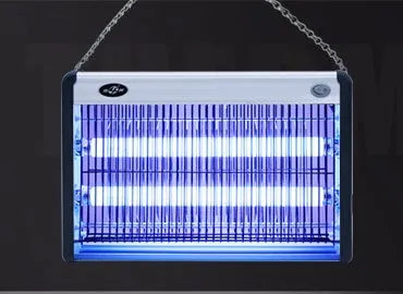 Electric mosquito killing lamp with interchangeable lamp tubes for indoor fly and mosquito control in homes and restaurants.