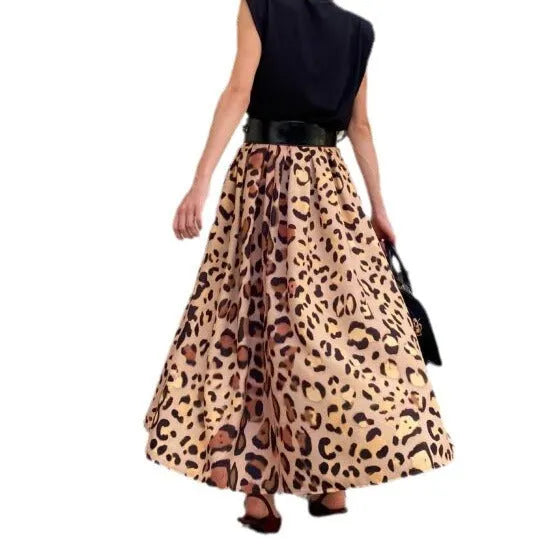 Brown leopard print women's A-line long skirt with a big hem, laid flat.